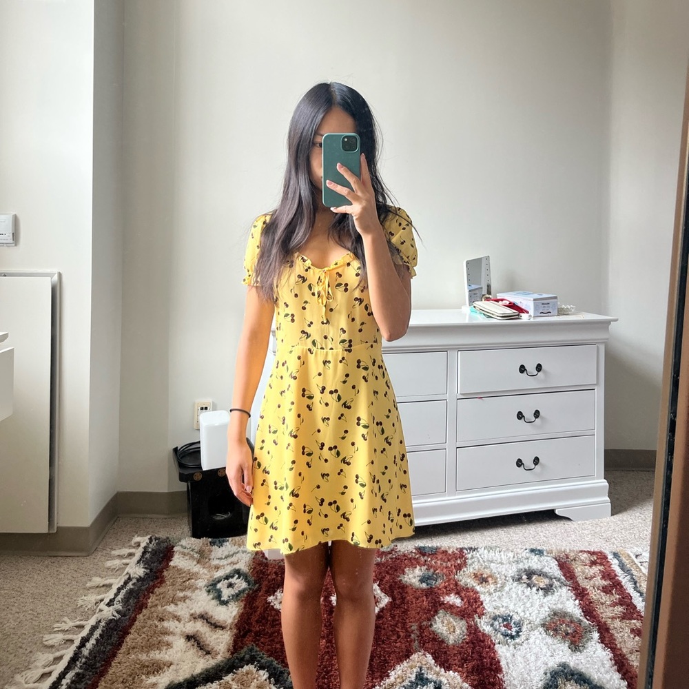 Yellow Aritzia Sunday Best Cher Dress in Cherry Print